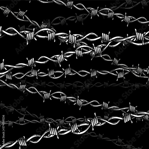 Barbed wire of different sizes, symbol of imprisonment, restriction of freedom and struggle for rights on a black background. Shackles and a fence. Vector concept, sketch with strokes and lines