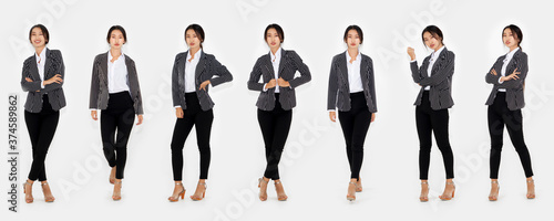 Different pose of same Asian woman full body portrait set on white background wearing formal business suit in studio collection . photo