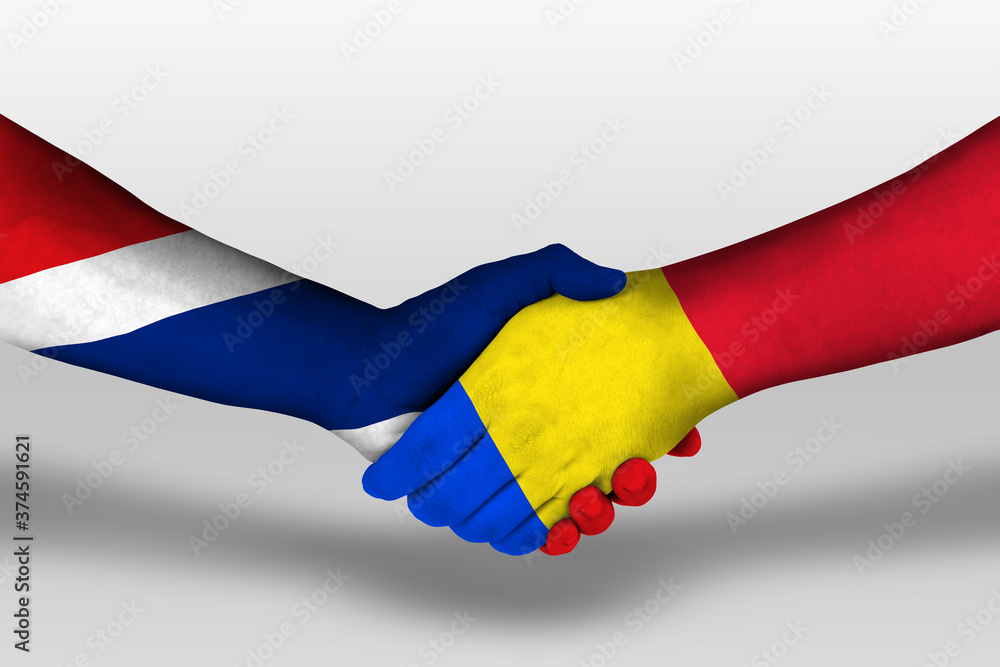 Handshake between romania and thailand flags painted on hands, illustration with clipping path. Handshake between romania and thailand flags painted on hands, illustration with clipping path.
