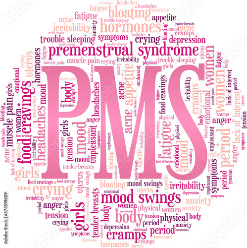 Premenstrual syndrome - PMS vector illustration word cloud isolated on a white background.