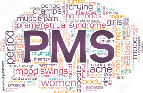 Premenstrual syndrome - PMS vector illustration word cloud isolated on a white background.