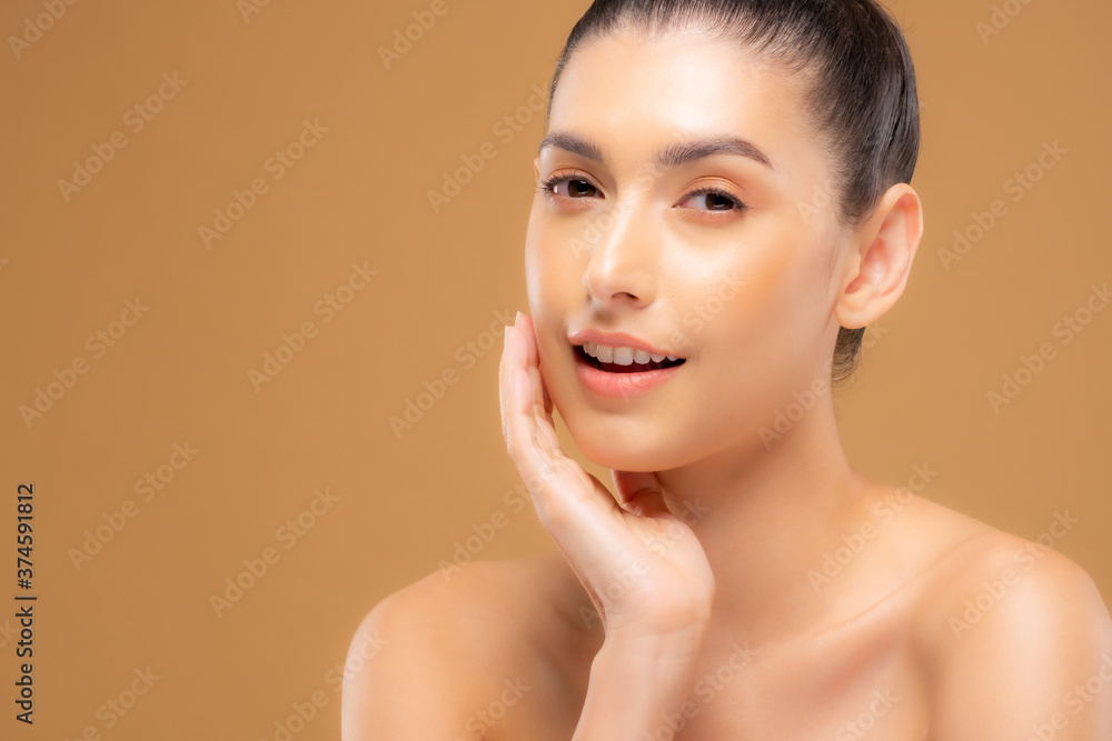 Beautiful woman with good skin taking pictures of face with hands, beautiful portrait and spa. Happy smiling face Beautiful woman with good skin taking pictures of face with hands, beautiful portrait and spa. Happy smiling face