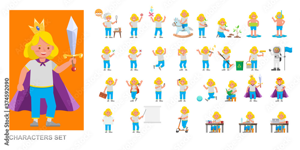Set of kid boy wear white T-shirt and playing character vector design. Presentation in various action with emotions, running, standing and walking.