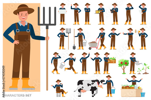 Set of Farmer character vector design. Presentation in various action with emotions, running, standing and walking.