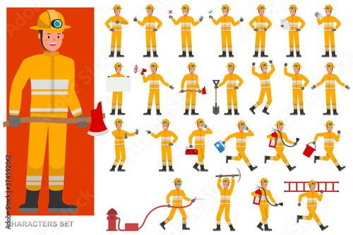 Set of Firefighter character vector design. Presentation in various action with emotions, running, standing and walking.