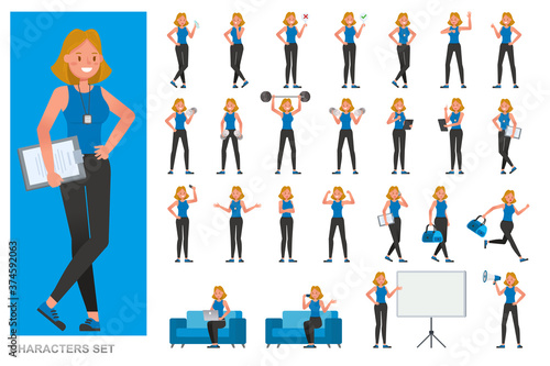 Set of Fitness trainer woman character vector design. Woman dressed in sports clothes. Presentation in various action with emotions, running, standing and walking.