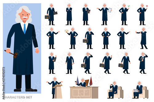 Set of Judge Man character vector design. Presentation in various action with emotions, running, standing and walking.