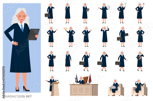 Set of Judge woman character vector design. Presentation in various action with emotions, running, standing and walking.