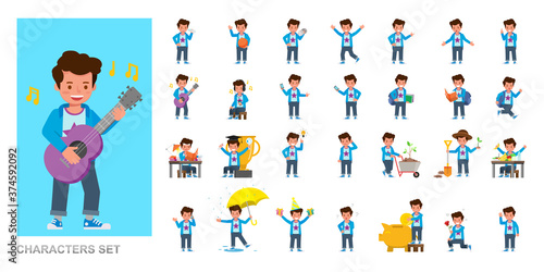Set of kid character vector design. Boy wear blue shirt and playing. Presentation in various action with emotions, running, standing and walking.