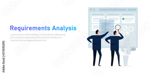 Requirement analysis in business or system development creating software requirement and specification describing user task in document with team photo