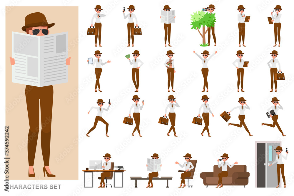 Vettoriale Stock Set of Spy secret agent woman character vector design.  Presentation in various action with emotions, running, standing and  walking. | Adobe Stock
