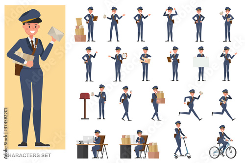 Set of Postwoman character vector design. Presentation in various action with emotions, running, standing and walking.