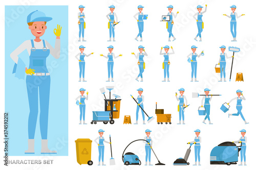 Set of Professional janitor woman working character vector design. Presentation in various action with emotions, running, standing and walking.
