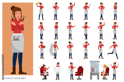 Set of Professional Women Stylist people working character vector design. Presentation in various action with emotions, running, standing and walking.