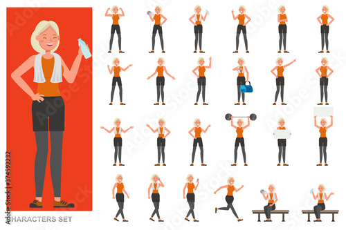 Set of Sport woman character vector design. Presentation in various action with emotions, running, standing and walking.