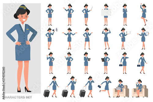 Set of stewardess character vector design. Presentation in various action with emotions, running, standing and walking.