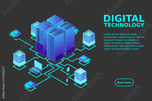 Concept of data network management .Vector isometric map with business networking servers computers and devices.Cloud storage data and synchronization of devices.3d isometric style