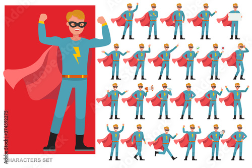 Set of Superhero Man character vector design. Presentation in various action with emotions, running, standing and walking.