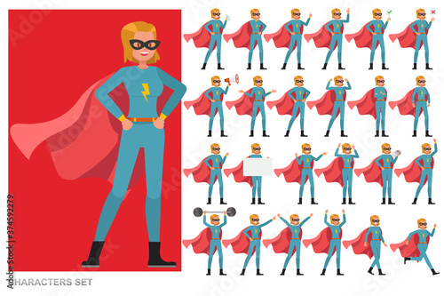 Set of Superhero woman character vector design. Presentation in various action with emotions, running, standing and walking.