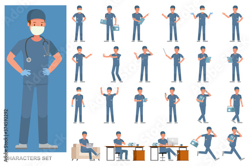 Set of Surgeon man character vector design. Presentation in various action with emotions, running, standing and walking.