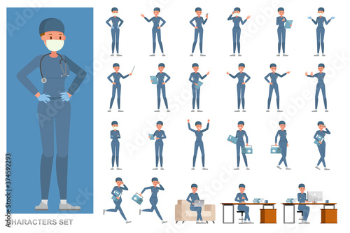 Set of Surgeon woman people working character vector design. Presentation in various action with emotions, running, standing and walking.