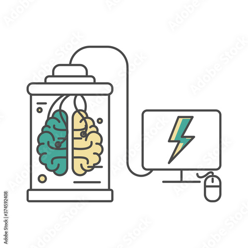 A desktop computer is getting powered by a human brain. Mimicking the human brain. Digitization of human consciousness. Concept of neuromorphic computing. Outline thin line flat illustration.