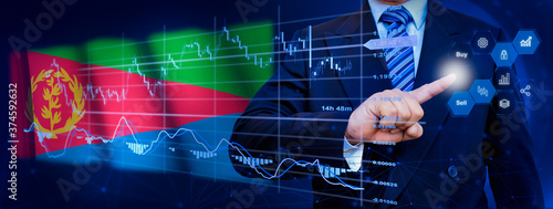 Businessman touching data analytics process system with KPI financial charts, dashboard of stock and marketing on virtual interface. With Eritrea flag in background. © TexBr