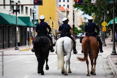 Miami Downtown, FL, USA - JUNE 4, 2020: Police on horseback. American Police.