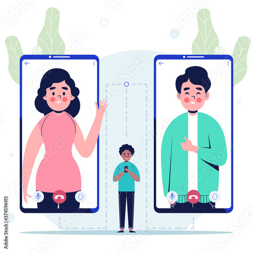 Man using video call app with friends. Flat design vector illustration