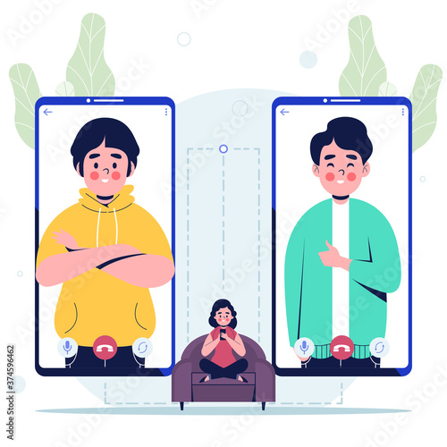 Woman sitting on sofa, using video call app on smartphone with friends. Flat design vector illustration