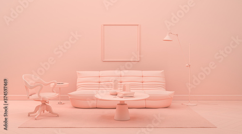 picture frame mock-up room in monochrome pinkish orange color with furnitures and room accessories for web page, presentation or picture frame backgrounds, 3D rendering