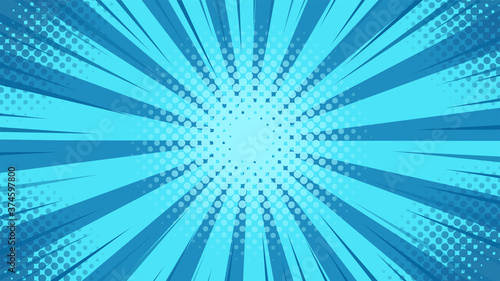 Pop art background with blue light scattered from the center in cartoon style.