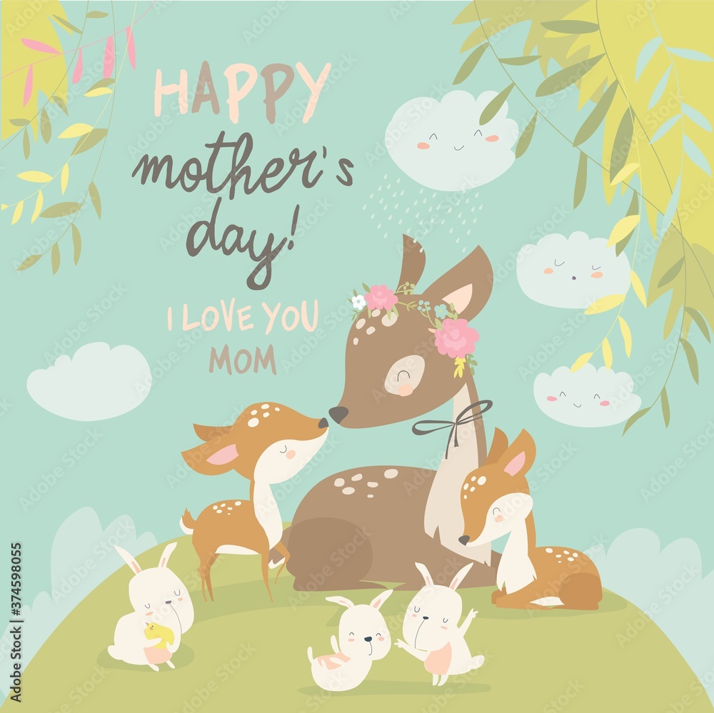 Cartoon Deer family. Mother and baby. Cute animals for Mothers Day. Animals mom and baby.