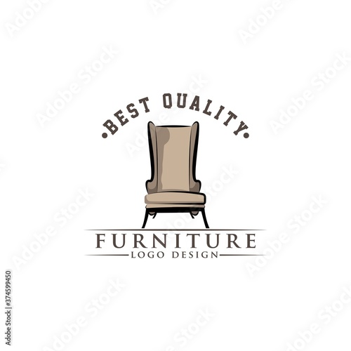 Black & white vector illustration of classic armchair with high back. Line icon of arm chair seat. Upholstery furniture for living room & bedroom. Isolated object on white background