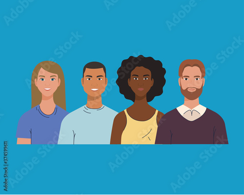 women and men cartoons on blue background design, diversity people multicultural friends and multiethnic theme Vector illustration
