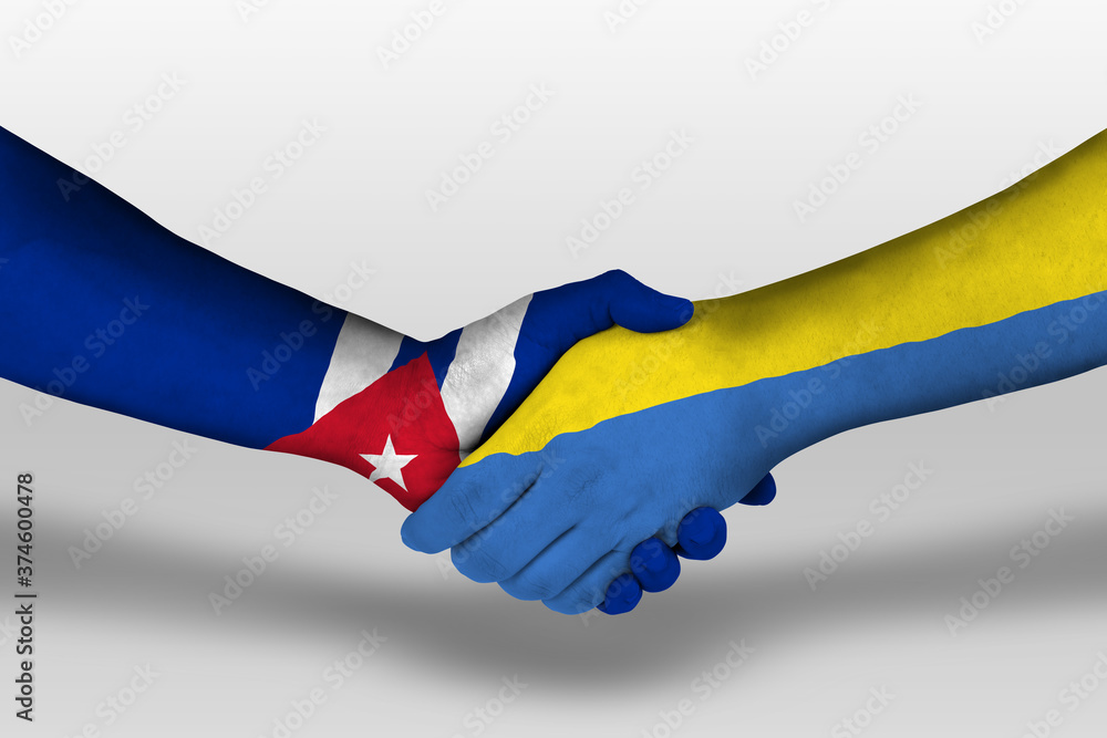 Handshake between ukraine and cuba flags painted on hands, illustration with clipping path. Handshake between ukraine and cuba flags painted on hands, illustration with clipping path.
