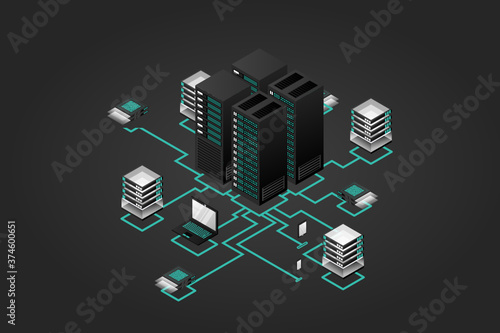 Concept of data network management .Vector isometric map with business networking servers computers and devices.Cloud storage data and synchronization of devices.3d isometric style