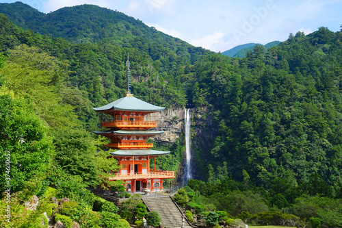 Three-story pagoda of the Seigantoji temple and Nachi waterfall, Nachikatsuura City, Wakayama Pref., Japan photo