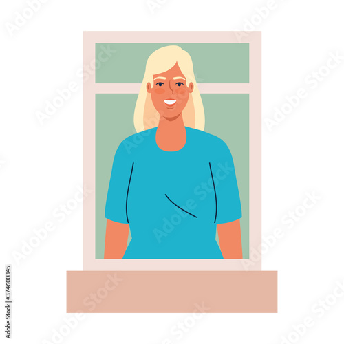 blond woman cartoon at window design, Girl female person people human and social media theme Vector illustration