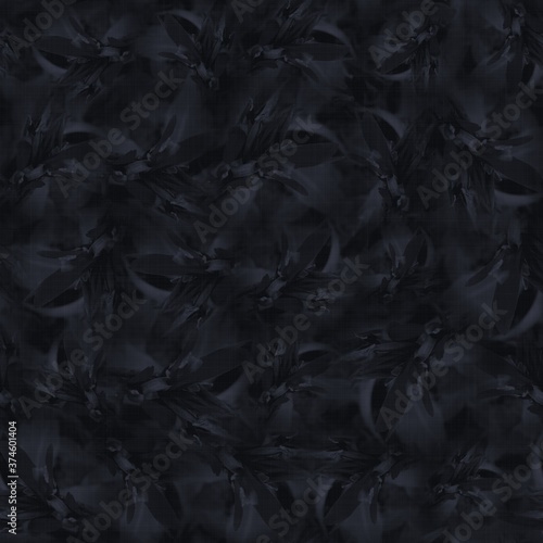 Dark moody almost black leaf seamless pattern. High quality illustration. Deep mysterious distant and faded leaf foliage design. Luxurious shadow surface pattern design for interiors or backgrounds.