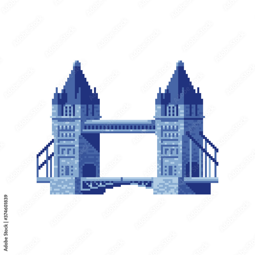 London Bridge Tower Logo. Pixel art style. Attraction of the capital of England. Sticker design. Isolated vector illustration.