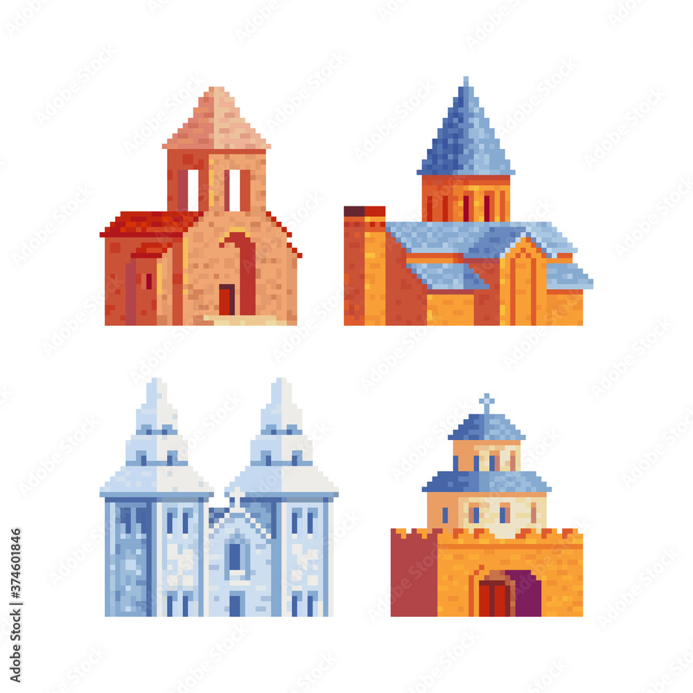 Architectural buildings pixel art icons. Cathedral orthodox church, Old house fortress and Landmark Argentina building national opera. Famous tourist attractions. Stickers design. Vector illustration.
