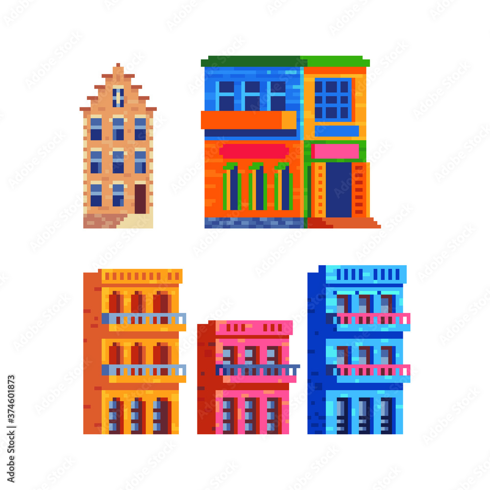 Colorful buildings. Houses in Cuba, La Boca, Amsterdam. Traditional architecture, isolated vector illustration. Game assets 8-bit sprite. Pixel art icon set. Design for stickers and magnet.