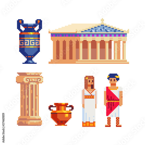 Greece symbols culture pixel art icons flute and harp ancient musical instrument, antique vase and column, man and woman in traditional greek clothes. isolated illustration. Design logo, app, sticker.