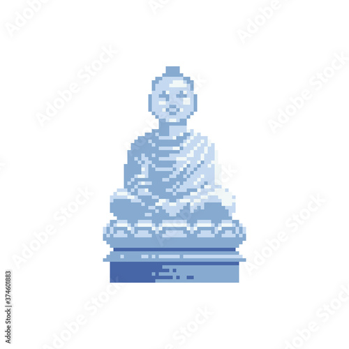 Buddha statue icon. Pixel art style. Travelling India famous historical attractions vector. Summer vacation. Acient Indian buddhist architecture illustration. Isolated vector illustration.
