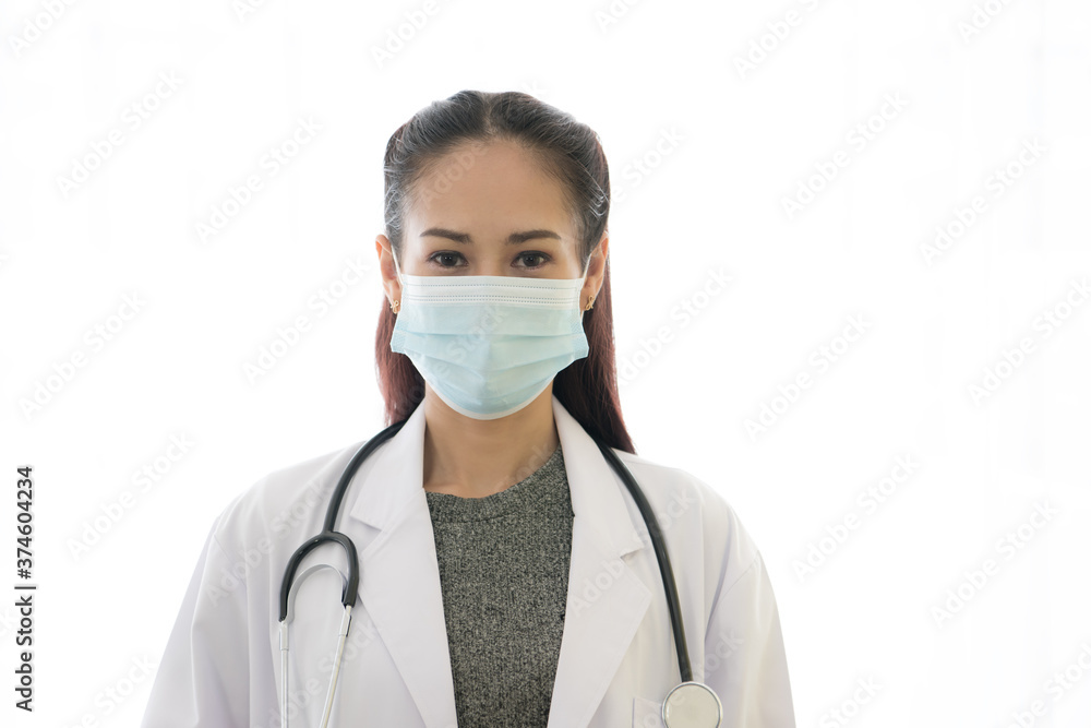 Asian female doctor wearing medical mask isolated on white background. Coronavirus outbreak. Asian female doctor wearing medical mask isolated on white background. Coronavirus outbreak.