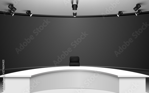 white table and chairs with breaking news live on lcds background in the news studio room