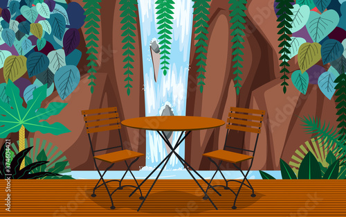 wood table and chair in cafe and restaurant with waterfall background