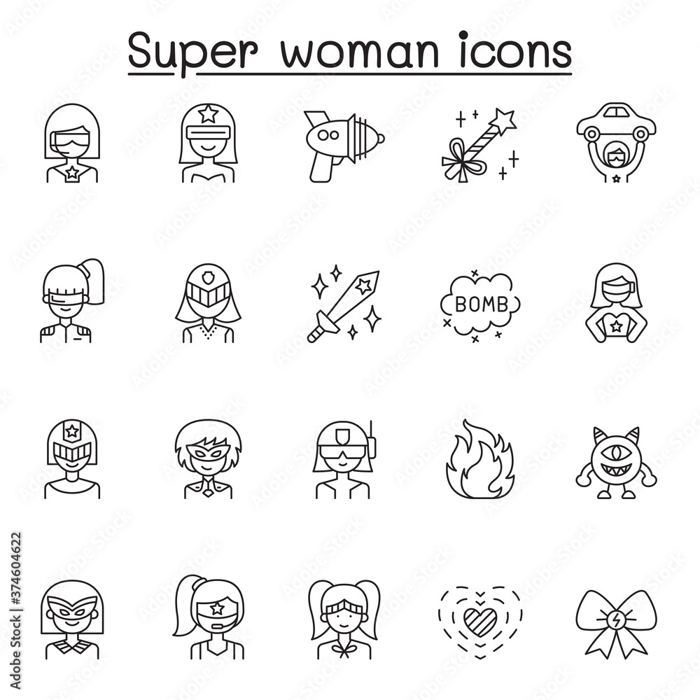 Set of Super woman Related Vector Line Icons. Contains such Icons as mask, costume, power, action, weapon, monster, wand, sword and more. Set of Super woman Related Vector Line Icons. Contains such Icons as mask, costume, power, action, weapon, monster, wand, sword and more.