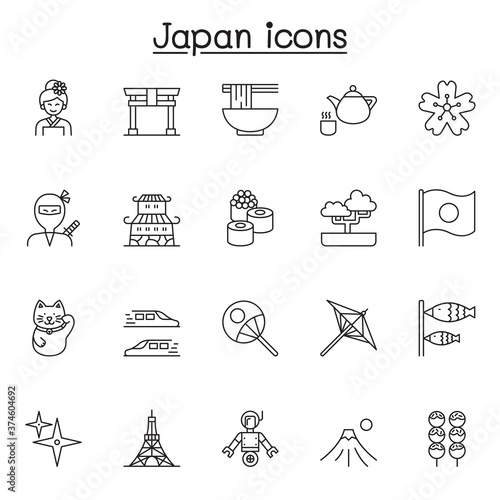 Set of Japan Related Vector Line Icons. Contains such Icons as sushi, kimono, ninja, castle, fuji mountain, bonsai, geisha and more